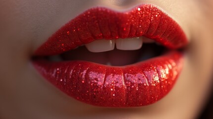 Obraz premium Close-up of shimmering red lips showcasing a glossy finish and bright white teeth highlighting beauty and confidence