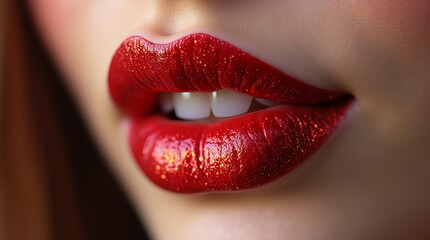 Fototapeta premium Close-up of shimmering red lips showcasing a glossy finish and bright white teeth highlighting beauty and confidence