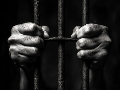 Capturing the essence of despair as hands grip iron bars in a dimly lit prison cell