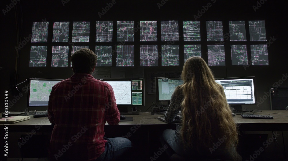Poster Two People Working at Computers in a Dark Room with Screens Showing Data