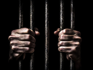 Capturing the essence of despair as hands grip iron bars in a dimly lit prison cell