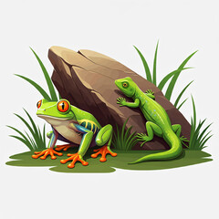 Naklejka premium A bright green frog and lizard next to a rock with grass.