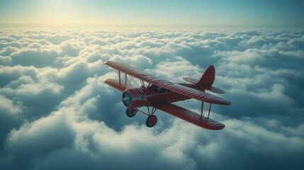 A classic red biplane elegantly glides above a sea of clouds, embodying freedom and adventure in the open sky.