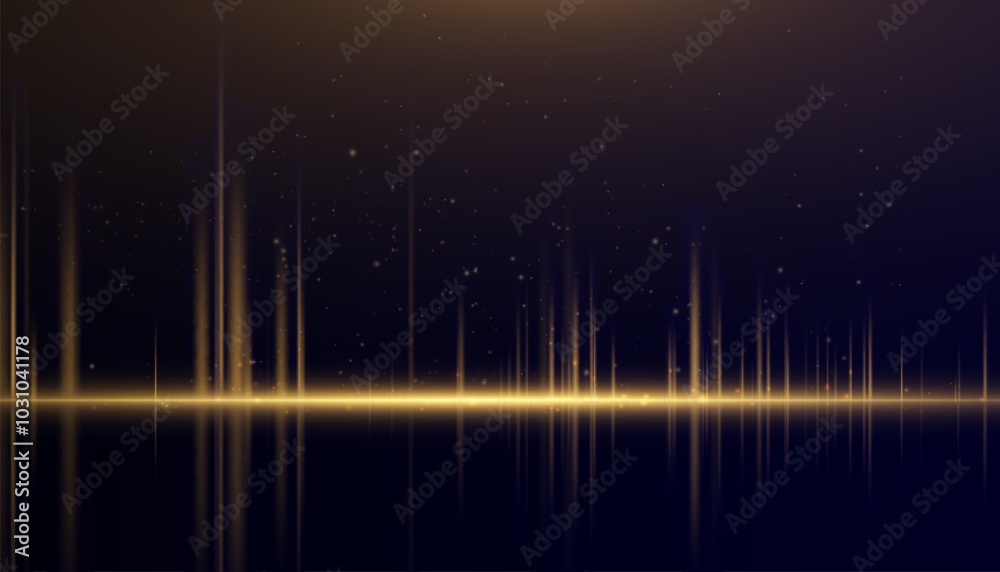 Poster Golden vertical lines of light with glitter shimmering particles for background and overlay. Glowing abstract futuristic shimmering background.	