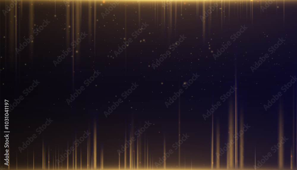 Poster Golden vertical lines of light with glitter shimmering particles for background and overlay. Glowing abstract futuristic shimmering background.	