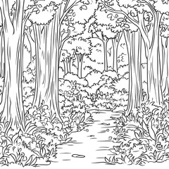 Forest landscape coloring book, example of children's coloring book. Concept of children's creative development.