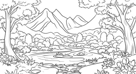 Forest landscape coloring book, example of children's coloring book. Concept of children's creative development.
