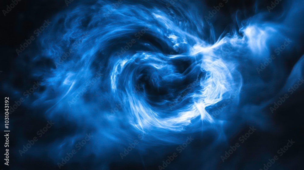 Wall mural abstract swirling blue smoke on a black background, creating a vortex-like effect.
