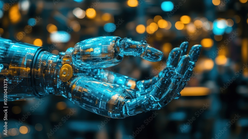 Poster A Close-Up of a Transparent Robotic Hand with Circuitry Visible