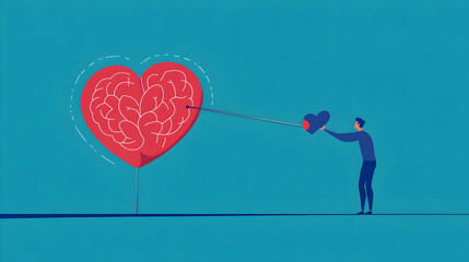 Emotional intelligence balancing logic and feelings, man connecting heart with brain,  illustration -