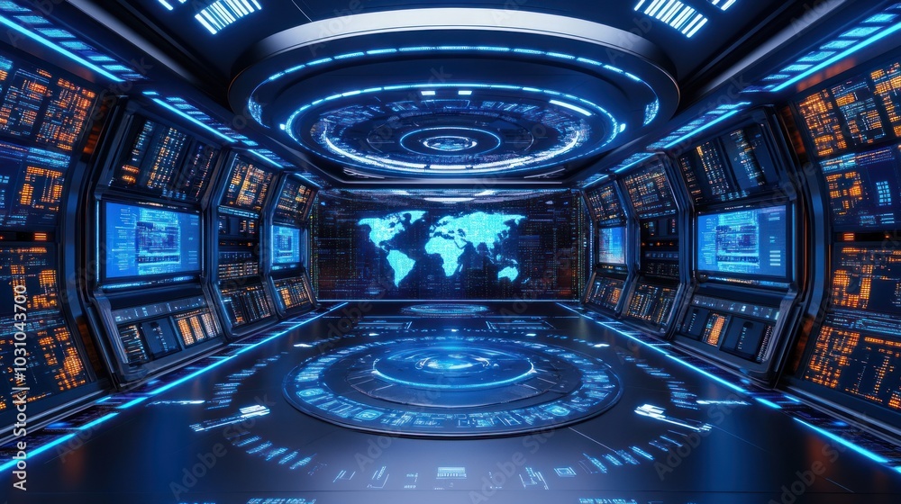 Poster Futuristic Control Room with World Map Display and Digital Interfaces