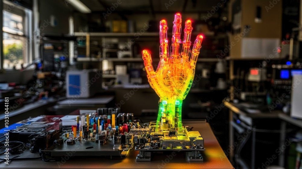 Aufkleber illuminated robotic hand on circuit board in lab setting