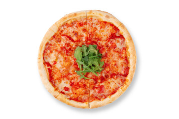 Tasty pepperoni pizza with basil on white background