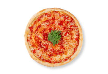Tasty pepperoni pizza with basil on white background