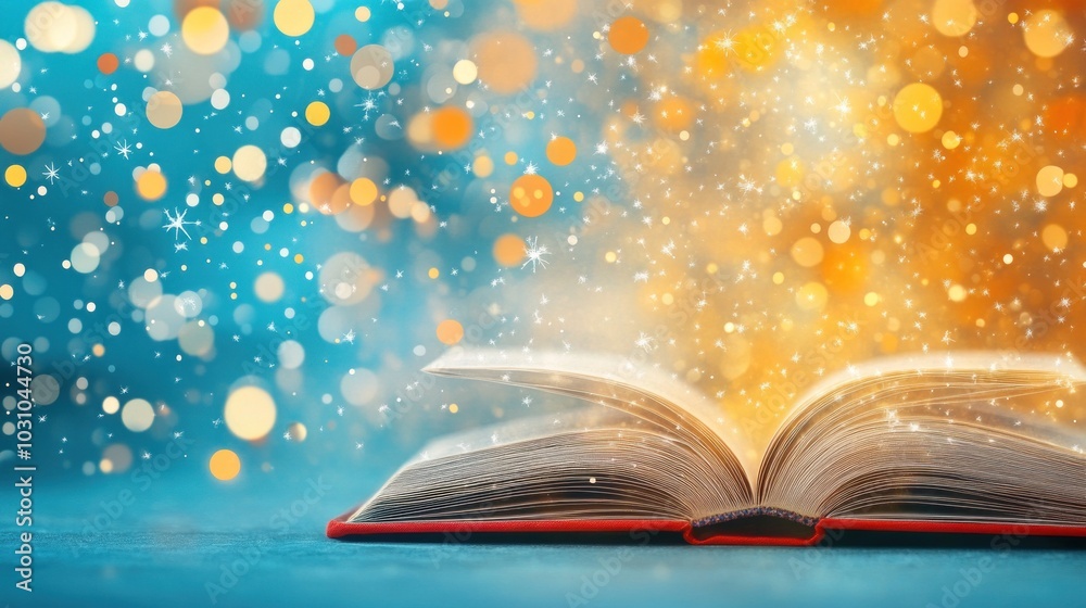 Poster open book emitting golden glow with bokeh background