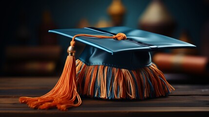 A vibrant blue graduation cap and tassel are elegantly displayed on a matching blue background