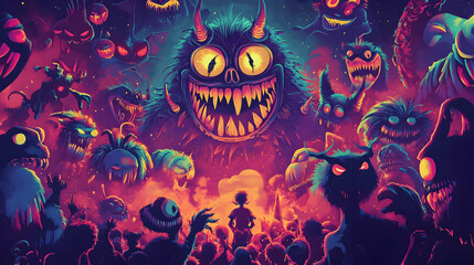 Halloween rave party with a central figure surrounded by creatures,  illustration -AI