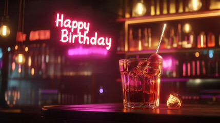 A vibrant birthday celebration unfolds at a cozy bar with neon lights and festive beverages