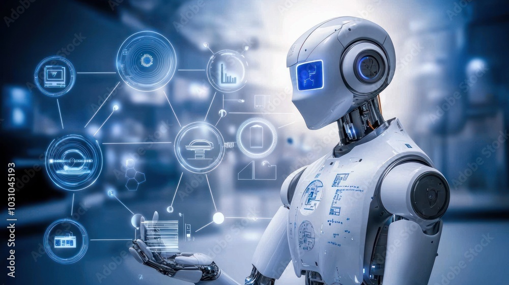 Poster White Robot Interacting with Holographic Data Network