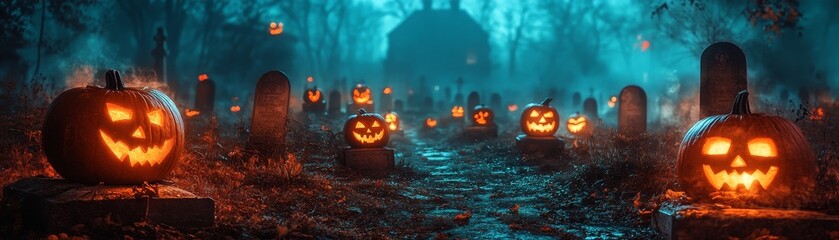 Naklejka premium Misty Halloween Scene with Pumpkins and Glow