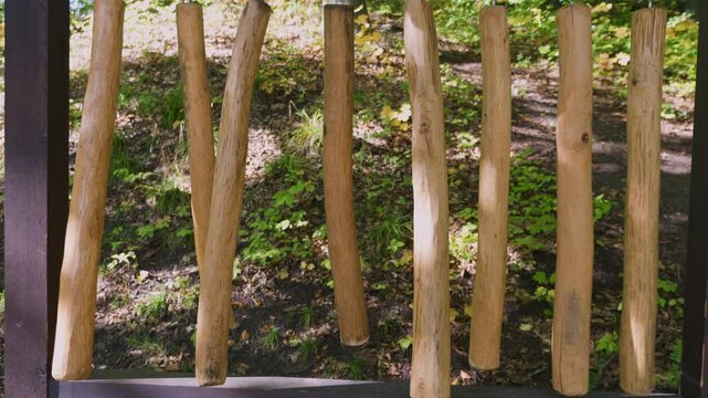 Musical instrument dendrofon. The sticks are made of beech, oak, linden, birch, spruce, pine, maple and ash. The sound is produced by hitting the sticks with a wooden mallet.