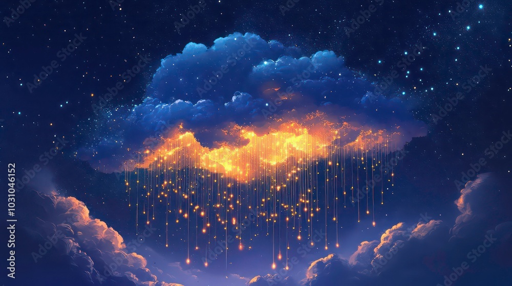 Wall mural a large, fluffy cloud illuminated from within by a golden glow, with streaks of light falling from i
