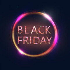 Black Friday LED Banner - Bright Round Shimmering Sale Sign. Vector