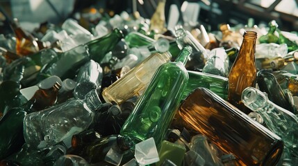 Waste recycling center showing a large pile of colorful glass bottles awaiting processing