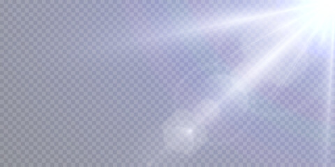 Light sun glare, sun glow light effect. Transparent shining sun, bright flash. Vector graphics on transparent background.