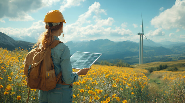 Woman engineer standing in field of sunflowers with wind turbines in the background, holding technical plans. enewable energy, sustainability, environmental engineering, clean energy, eco-friendly