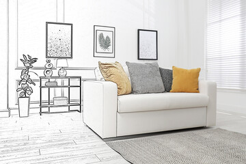 Obraz premium Interior of stylish living room, designer's idea realization. Comfortable sofa near window. Combination of photo and sketch
