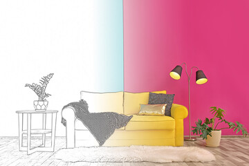 Interior of stylish living room, designer's idea realization. Comfortable sofa near color wall....