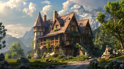 Fototapeta premium With overgrown gardens, a Victorian mansion cafe is illustrated in watercolor generated by AI