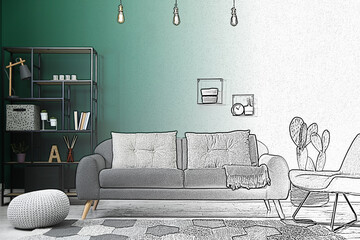 Interior of stylish living room, designer's idea realization. Comfortable couch and other...