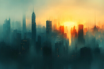 Fototapeta premium A misty skyline at sunset, with silhouetted skyscrapers and a warm glow emerging from the horizon, creating a serene and atmospheric cityscape.