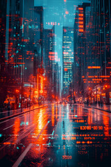 Naklejka premium A vibrant cityscape at night, with glowing neon lights reflecting on wet streets and digital elements blending into the urban atmosphere.