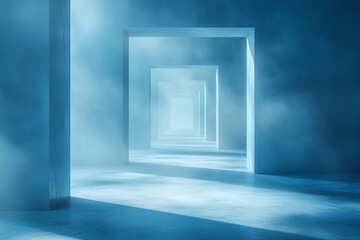 A serene blue-hued space featuring multiple light-framed openings, creating an atmospheric illusion of depth and tranquility.