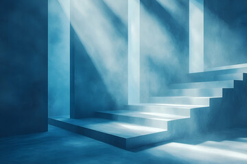 Fototapeta premium A serene, misty staircase illuminated by soft, blue light, creating a tranquil and ethereal atmosphere.