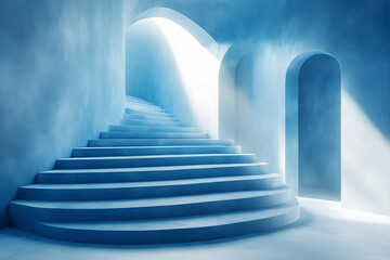 Fototapeta premium A serene, ethereal staircase with gentle blue tones leads into an archway, illuminated by soft light, creating a tranquil and dreamlike atmosphere.
