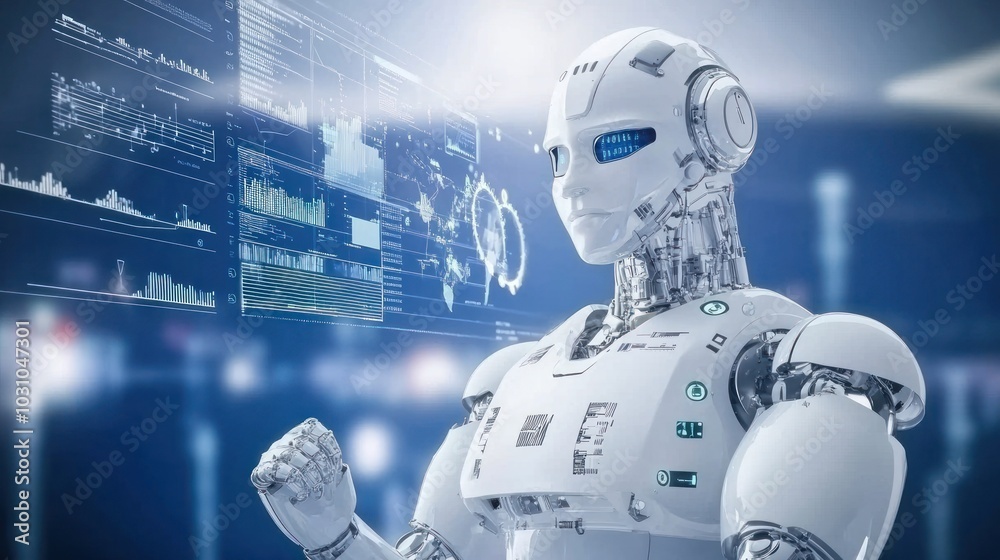 Leinwandbilder humanoid robot interacting with data visualization