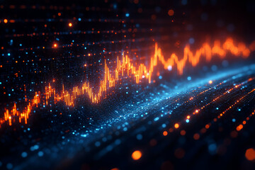 Fototapeta premium A vibrant digital visualization of sound waves, featuring dynamic orange and blue colors, symbolizing audio signals and data transmission.