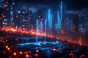 Naklejka premium A vibrant cityscape illuminated by glowing blue and orange lights, showcasing futuristic technology and digital data visualization.