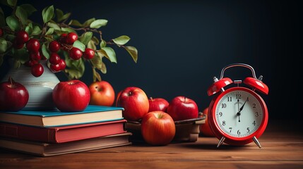 Alarm clock, school supplies and fresh red apple against blackboard background.