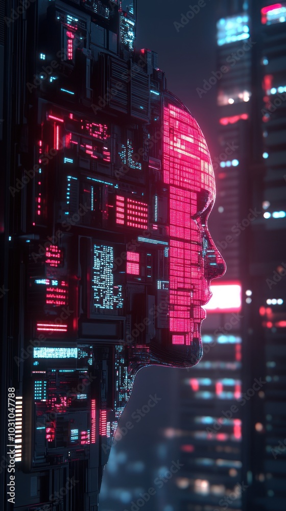Aufkleber digital humanoid constructed from circuitry against a cityscape background