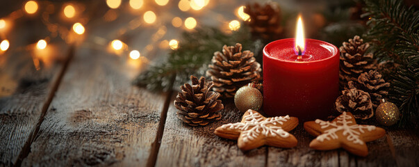 Christmas background - First Advent Sunday - Red Advent candle with natural Xmas decoration, branches and pine cones on rustic wood with magic lights
