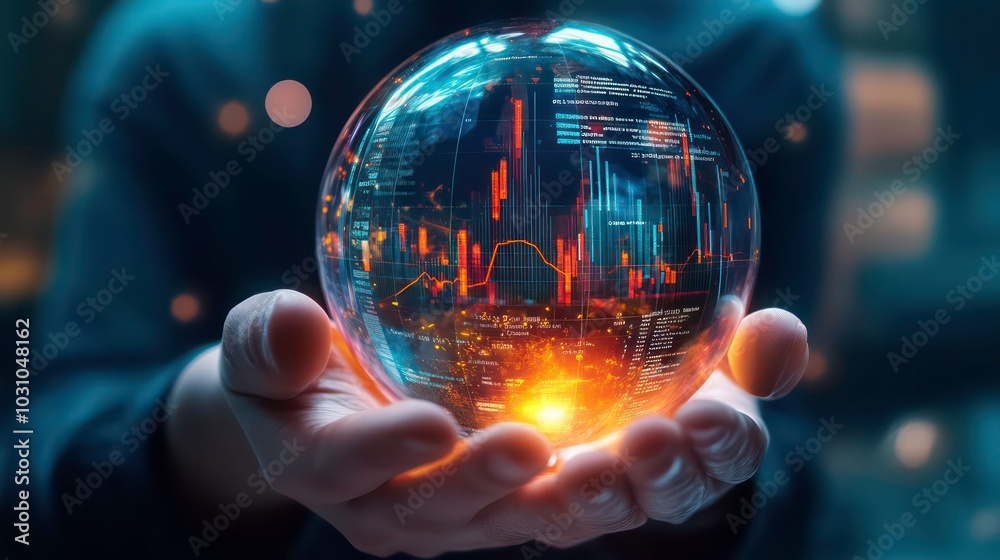Wall mural a person's hand holding a glowing orb with a digital display of data and charts inside.