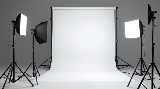 Studio setup with lighting equipment and a white backdrop prepared for a photoshoot in a professional photography studio