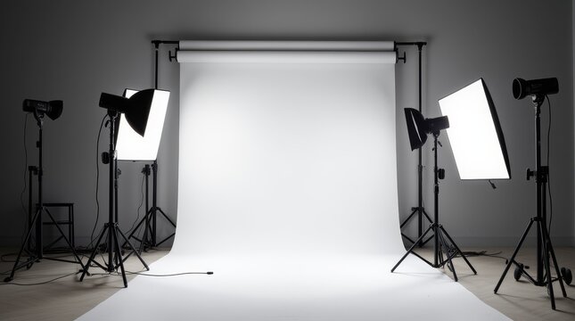 Studio setup with lighting equipment and a white backdrop prepared for a photoshoot in a professional photography studio