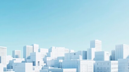 A minimalist cityscape with white buildings against a clear blue sky.