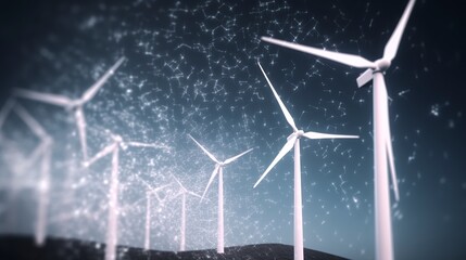 A beautiful row of wind turbines standing against a starry night sky